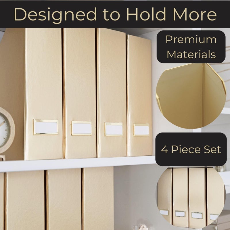 BLU MONACO | Gold Cardboard Magazine File Holder Set of 4 | Vertical Magazine File Holder for Shelves | Standing File Holder Desk Organizer - Image 4